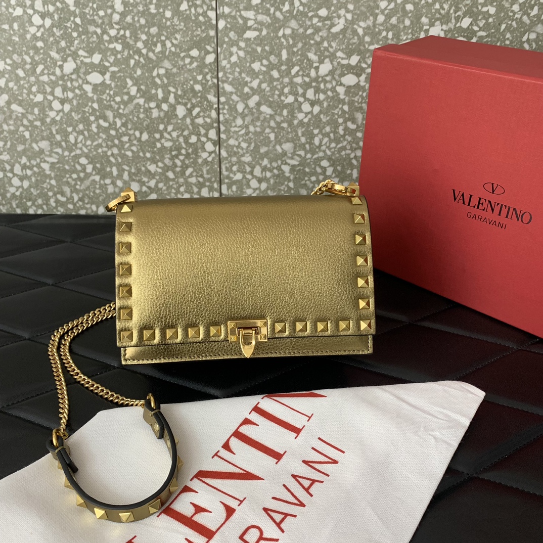 Valentino Garavani Rockstud Small Shoulder Bag in Gold Grainy Calfskin